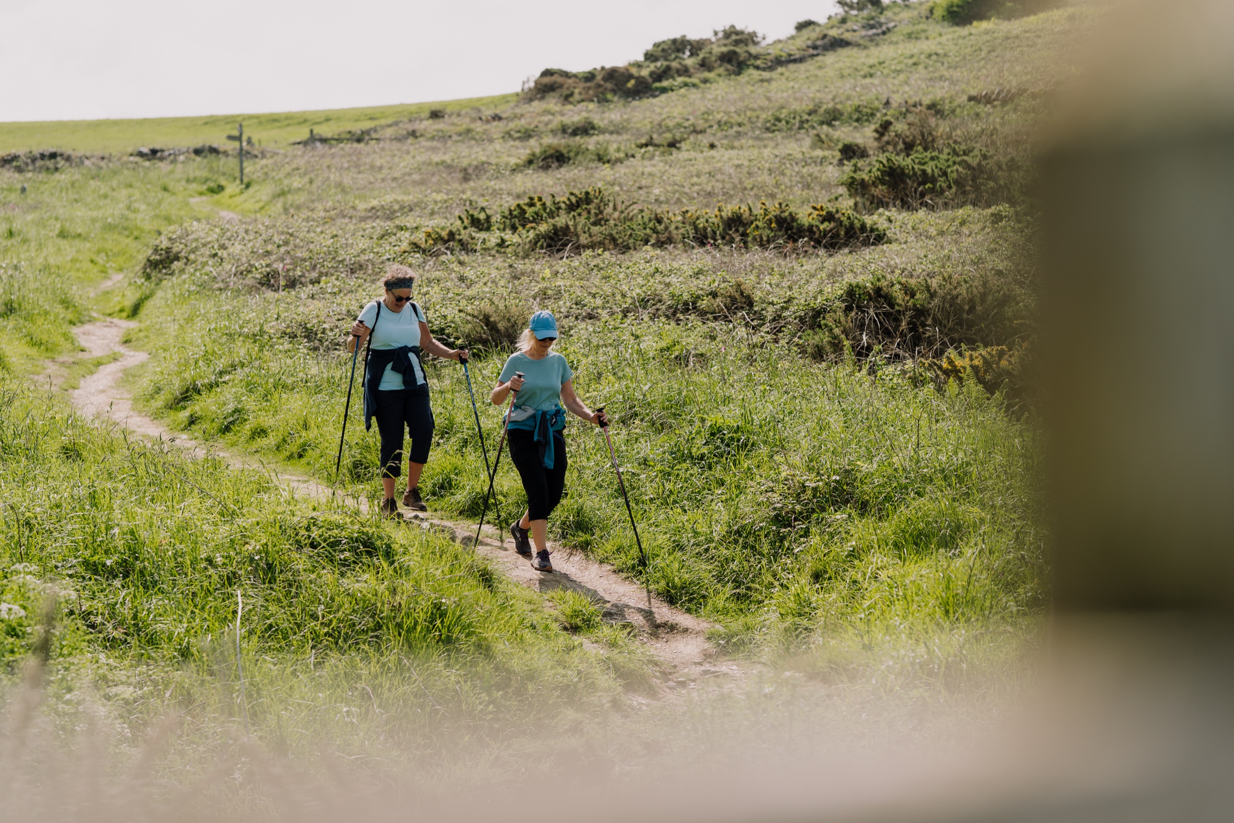 Two walkers with poles on a grass path above the coast